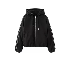 Veste à Capuche Décontractée pour Femmes Manches à Rayures Blanches Manches Longues Zip Up Coupe-vent Vêtements de Dessus Automne Hiver Manteau
