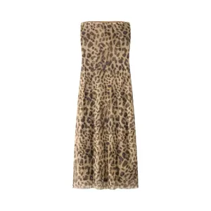 Robe Midi Tube Sexy pour Femmes Imprimé Léopard Sans Bretelles en Maille Robe Longue Droite Taille Haute Coupe Ajustée Streetwear