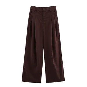 Women High Waisted Wide Leg Trousers Elegant Pleated Straight Pants Solid Color Coffee Office Lady Daily Fashion Wear