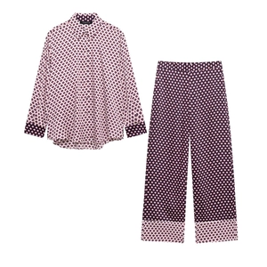 Women's 2-piece lounge set with geometric print long sleeve shirt and wide-leg pants