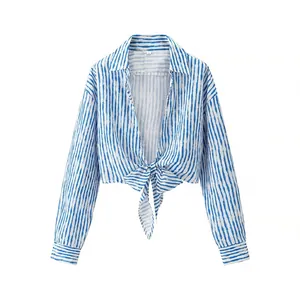 Women Casual Striped Cropped Shirt Long Sleeve Lapel Tie-Front Blouse Resort Fashion Spring Autumn Tops