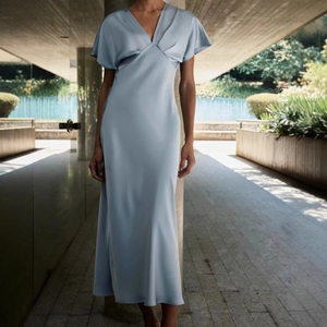 Robe longue élégante en satin bleu clair avec col en V et manches bouffantes soyeuses