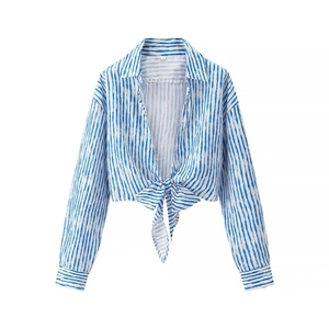 Women's 2025 early spring blue and white striped tie-front long sleeve crop shirt