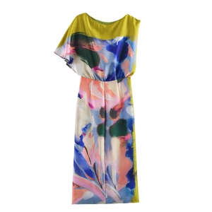 Summer sleeveless midi dress with abstract oil painting print and asymmetrical neckline