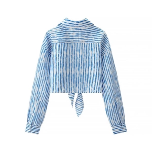 Women's blue striped long sleeve tie-front crop shirt with back view and collar detail