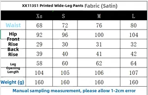 Guide des tailles pour pantalon large en satin fleuri avec mesures détaillées