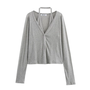 Cardigan grigio da donna con scollo a V, dettaglio all'americana e maniche lunghe in maglia