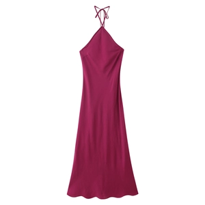 Elegante abito midi rosso rosa con scollo all'americana e schiena scoperta