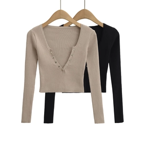Detailed view of the ribbed knit fabric and decorative metal buttons on the V-neck cardigan