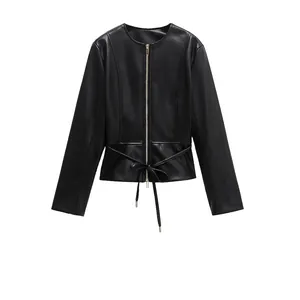 Women Fashion Faux Leather Jacket Casual Round Neck Zip Up Outerwear With Waist Tie Bow Slim Fit Long Sleeve Black Coat