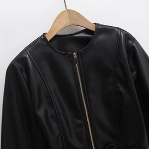 Women's chic black leather jacket with a round neck and front gold zipper detail