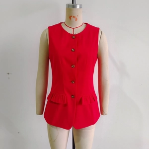Women's red sleeveless suit vest with button front and ruffle pocket detail