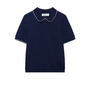 Haut Polo en Tricot Bleu Marine Vintage Français pour Femme Avec Bordure Festonnée Blanche Contrastée Tricot Doux Décontracté