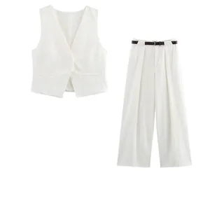 Damen Elegant Polyester V-Ausschnitt Weste Und Hohe Taille Weites Bein Gerade Hose Büro Casual Einfarbig Top And Bottom