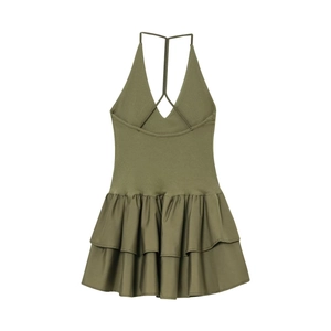 Detail of olive green halter dress featuring Y-shaped back straps and ruffled hemline