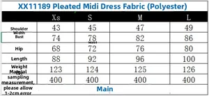 Size chart for the ruched sleeveless midi dress with measurements in centimeters