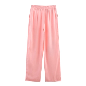 Pantalon large rose en satin de soie avec taille élastique et fini brillant
