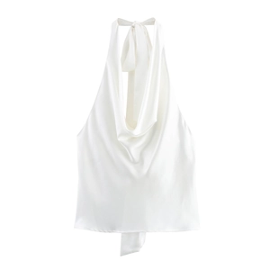 Elegant pearl white satin halter top with cowl neck and open back design for women