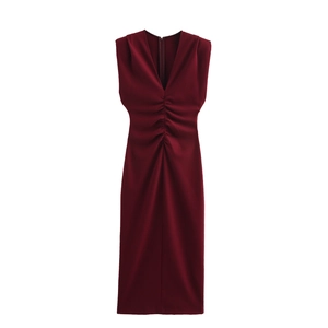 Elegant burgundy sleeveless V-neck ruched midi dress with a slim fit silhouette