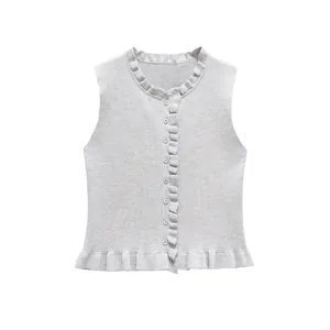 Spring 2025 women sleeveless knit vest in light gray with ruffled trim and buttons