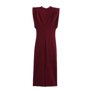 Deep red sleeveless midi dress with padded shoulders and back slit detail
