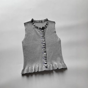 Women's grey sleeveless knit vest with ruffles and front buttons for spring 2025 fashion