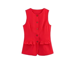 Women's chic red sleeveless vest with front buttons and ruffled pocket details