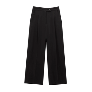 Pantaloni a gamba larga a vita alta da donna in nero con pieghe frontali e tasche laterali
