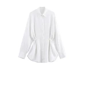 Damen Elegant Weiß Leinen Langarm Hemd Verstellbarer Kordelzug Taille Einreihig Umlegekragen Lässig Büro Bluse