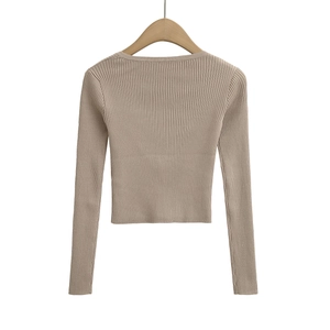Women's slim fit ribbed knit long sleeve cardigan in oatmeal color, rear view display