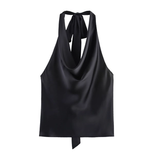 Elegant black satin halter top for women with a draping cowl neck and smooth silk texture