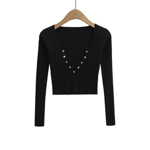Slim fit black V-neck rib-knit cardigan with decorative silver metal buttons