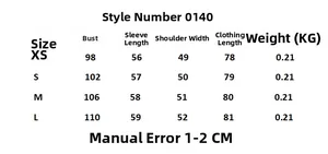 Detailed size chart for long sleeve striped shirt with measurements from XS to L