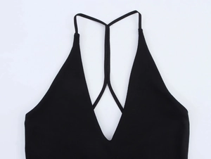 Close-up of black V-neck dress featuring delicate Y-shaped straps and fine knitting texture