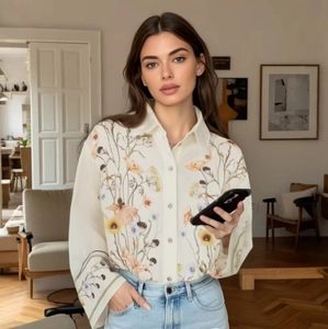 Elegant off-white floral print long sleeve shirt paired with casual blue denim jeans