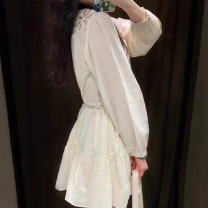 Cream long sleeve dress with floral embroidery and tiered ruffle hem for women