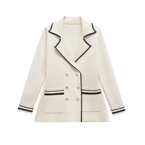 Women Elegant Knitted Blazer Double Breasted Gold Button Contrast Piping Long Sleeve Office Lady Commute Knitwear Outerwear