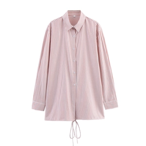 Women's long sleeve striped shirt with turn-down collar and drawstring hem in red white
