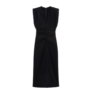 Elegant black sleeveless V-neck midi dress featuring stylish ruched waist detail