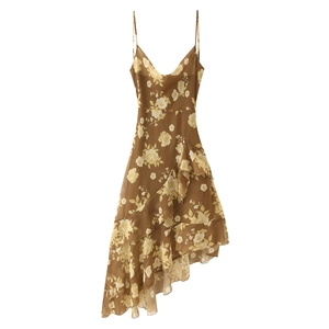 French style ruffle brown floral chiffon midi dress with spaghetti straps and V-neckline