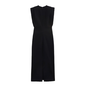Elegant black sleeveless midi dress with pleated waist and round neck on white background