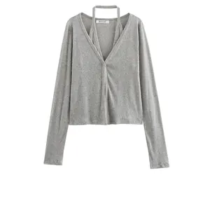 Maglietta a Maniche Lunghe in Maglia Con Scollo a V e Halter Donna Tinta Unita Monopetto Patchwork Street Style Top Aderente
