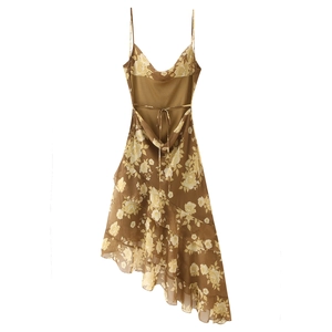 Brown floral chiffon sundress with cowl neck and layered ruffle hem for summer