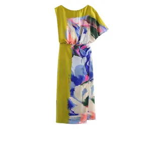 Women Asymmetrical Satin Midi Dress Abstract Floral Print Sleeveless Ruffle Shoulder High Waist Split Hem Artistic Fashion Dress