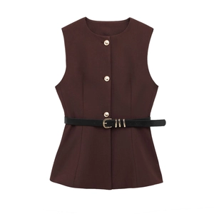 Gilet sans manches marron chocolat pour femme avec boutons dorés et ceinture noire