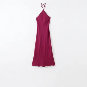 Donna Halter Schiena Scoperta Satin Maxi Vestito Estate Elegante Rosa Rosso Allacciato Linea A Vestito Lungo Per Vacanza Festa Casual
