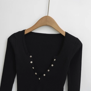 Slim fit black ribbed knit cardigan with deep V-neck and silver decorative buttons