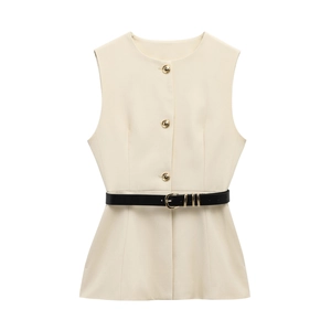 Gilet élégant sans manches blanc cassé avec boutons dorés et ceinture noire