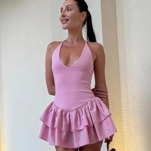 Women Sexy V Neck Halter Mini Dress Sleeveless Backless Tiered Ruffle Hem Ribbed Knit Dress Summer Party Streetwear