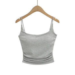 Grey slim fit cropped tank top with thin straps and side ruching detail for women